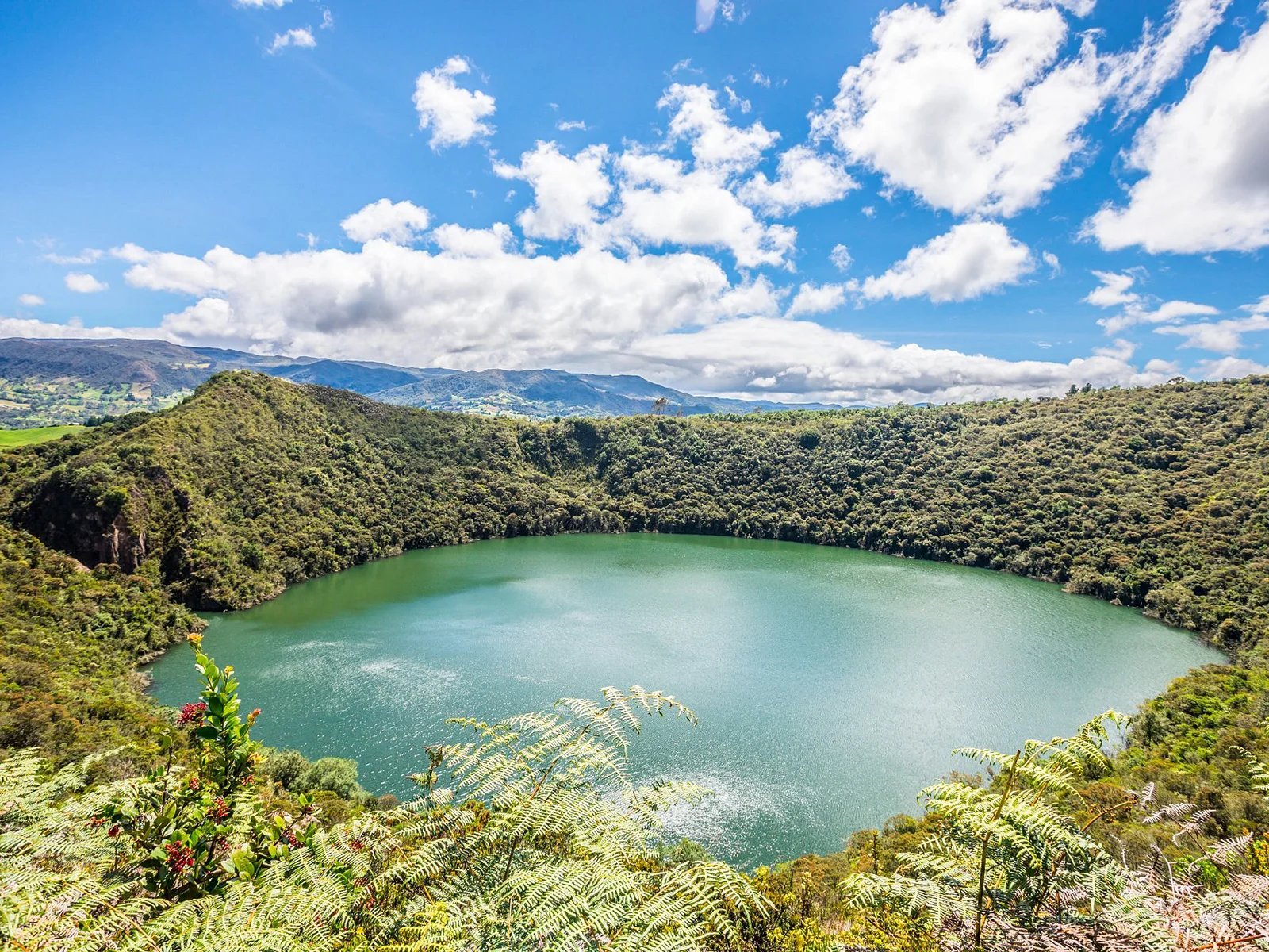 Aerial view of Lake Guatavita in Colombia